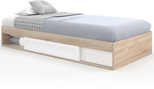 IDMarket - Estructura de cama individual SALEM con contenedor y somier 90 x 190 CM en haya y blanco