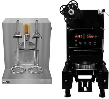 Máquina automática de sellado de tazas 500W + coctelera de té de burbujas 400r/min, 350-1000ml, temporizador 6-120s, 500-650 tazas/h, rollo de película gratis y 2 cocteleras de 700ml