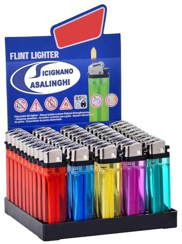 Sicignano Casalinghi Box 50 Accendini a Pietrina Trasparenti Colorati (Formato Scorta), Fiamma Regolabile, Display Espositore da Banco, Usa e Getta