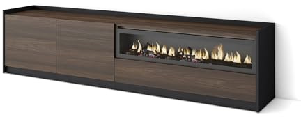 Skraut Home | Mueble TV | Muebles de salón, almacenaje | 207x50x37 cm | para televisión hasta 80 | Chimenea eléctrica | Estilo Moderno | Roble Oscuro y Negro