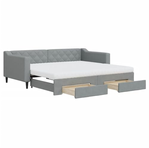 Yisssmeng Tagesbett 90x190 cm Hellgrau Stoff Rollrost Ausziehbar 2-in-1 Schlafsofa mit Stauraum für Gästebett Jugendzimmer Wohn- oder Schlafzimmer