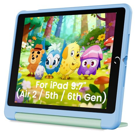 INFILAND Funda para Niños para iPad 6.ª/5.ª Generación (2018/2017), iPad Air 2 (9,7 Pulgadas), Cubierta Protectora Antigolpes Suave y Duradera con Soporte, Funda Linda con asa (Sky Blue-Mint)