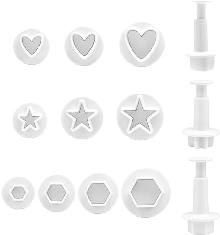 Cookie Cutters Set 10 Pcs, Mini Plunger Biscuit Cutters with Heart Star Hexagon Shapes, Fondant Tools for Sugarcraft, Pastry, Baking, Cookies, Clay and DIY Decorating