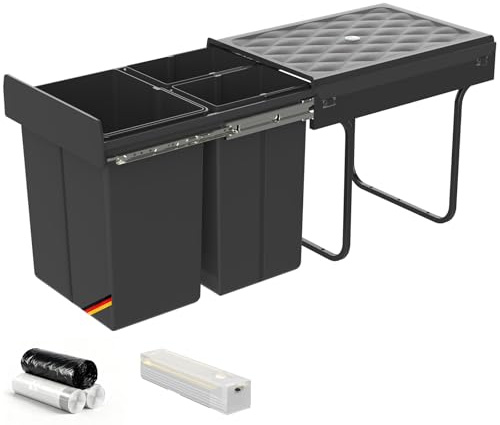 Huracan Poubelle de Cuisine Sous-Meuble Extensible 40L, Poubelle 3 Compartiments, Système de Tri des Déchets pour Cuisine, Poubelle Encastrable, Collecteur de Déchets pour Meuble de Cuisine, Bacs