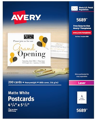 Avery Printable Postcards, 4.25 x 5.5, White, 200 Blank Postcards for Laser Printers (5689)