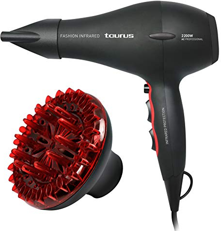 Taurus Fashion Infrared - Secador de pelo (2200 W, 2 velocidades, 3 temperaturas, revestimiento cerámico), negro y rojo