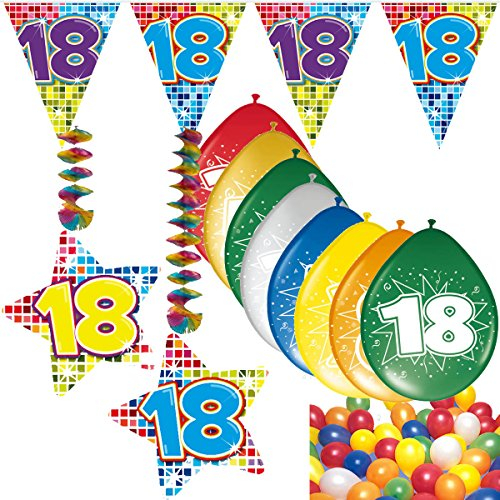 CARPETA 54-teiliges Partydeko Set * Zahl 18 * für Geburtstag oder 18. Geburtstag mit Girlande, Rotorspiralen, Luftschlangen und vielen Luftballons