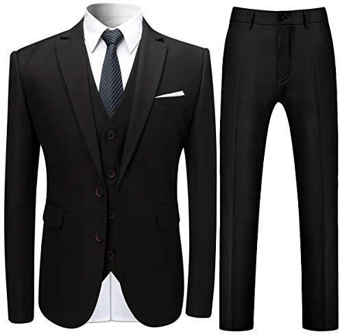 Costume Homme 3 Pièces Mariage Slim Fit Formel Deux Boutons Blazer Veste Gilet et Pantalon, Noir, XXL