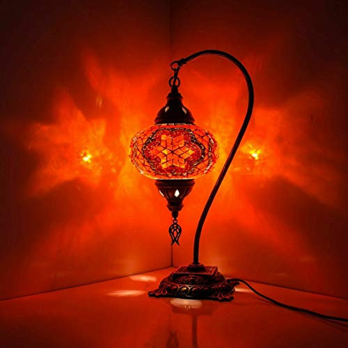 Turkish Mosaic Table Lamp,Stunning Moroccan Style, Unique Globe Lampshade, Swan Neck Series (Red Star)