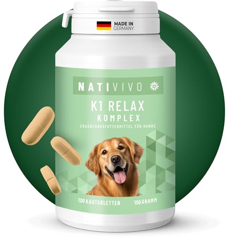 NATIVIVO Beruhigungsmittel Hund - Baldrian & L-Tryptophan - Made in Germany | K1 Relax Komplex mit Hanfsamenöl - Bei Angst, Stress & Silvester - Mit Kamille, Baldrian & Vitamin B-Komplex - 120 Tabletten