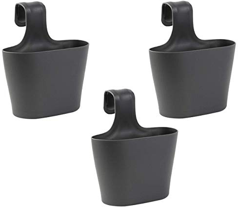 Engelland 3 x Blumentopf zum Auf-Hängen, Geländertopf, Anthrazit, Hängetopf, Balkon-Kasten, oval, Übertopf, Pflanzkasten, mit Wasserspeicher/Wasserauffangschale, 2,8 Liter