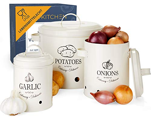 HIKITCHEN® Vorratsbehälter-Set für länger frisches Gemüse (creme weiß) - Stilvolle Kartoffel-, Knoblauch- und Zwiebel-box/topf - Gemüsebehälter