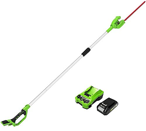 Tagliasiepi a batteria Greenworks, tagliasiepi ad asta lunga con batteria e caricabatterie, lame in acciaio a doppia azione da 51 cm, altezza massima di 2 m