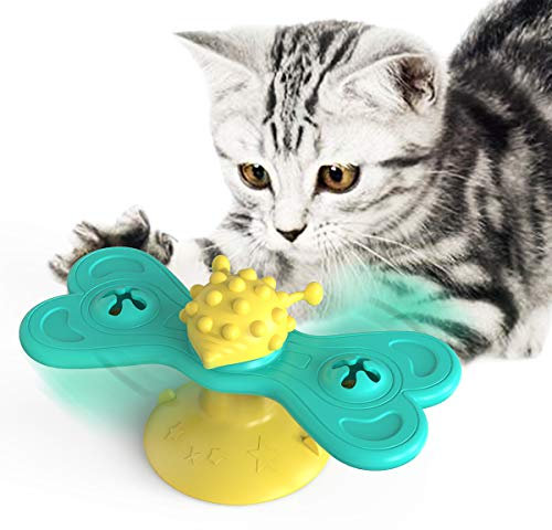 Moulin à vent pour chat - Jouet interactif en forme de papillon - Jouet de massage pour chat avec ventouse - Brosse à cheveux et brosse à dents à l'herbe à chat - Jaune