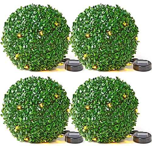 Taylor & Brown 28cm Solar Powered 20 LED Rose Artificial Topiary Ball Hanging Ornament Boxwood Garden Ultra Bright Light Decorative Two Functions (4 Pack, Green)