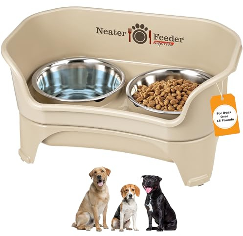 Neater Feeder Express Elevated Dog Bowls by Neater Pet Brands – Dog Bowls with Stand - Stainless Steel Food and Water Bowls – Raised Dog Bowl Set for Medium to Large Dogs, Almond