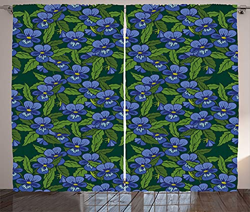 ABAKUHAUS Stiefmütterchen Rustikaler Vorhang, Top View Blüten und Blätter, Wohnzimmer Universalband Gardinen mit Schlaufen und Haken, 280 x 245 cm, Ceil Blau Grün Smaragd