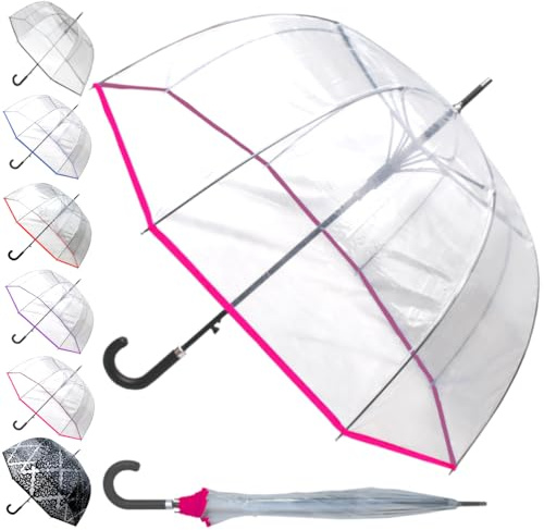 COLLAR AND CUFFS LONDON Paraguas Transparente Antiviento Mujer Hombre Grande - Raro Automático - Paraguas Cupula Resistente Muy Fuerte A Prueba de Viento - Fibra De Vidrio - Ribete Rosa