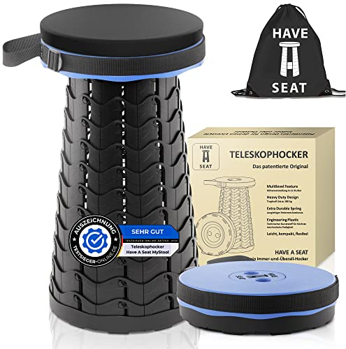 Have A Seat Teleskophocker – praktisches Sitzkissen mit Tasche – Hocker höhenverstellbar in 11 Stufen – 45 cm Höhe – faltbar – kompakt 1,5kg – Sitzfläche 25 cm – Tragegriff – schwarz