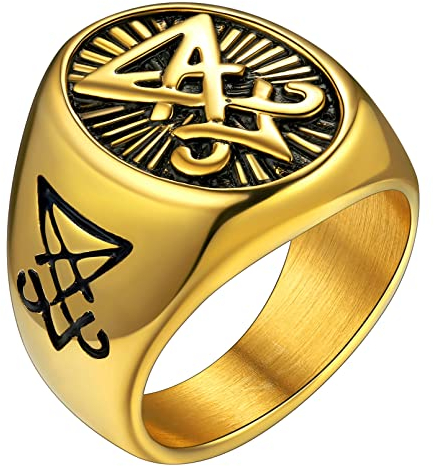 FaithHeart Herren Ring Männer Statementring Siegel von Luzifer Ring gold Punk Siegelring Partnerring Freundschaftsring mit Namen Text Gravur