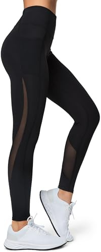 Yvette Leggings Sport Femme avec Poches Maille Respirant Taille Haute Pantalon de Sport Opaque pour Fitness Yoga Danse Noir-361 M