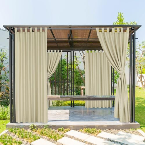 BONZER Breite Outdoor-Vorhänge für Terrasse, wasserdichte Sichtschutz-Schlaufenvorhänge für Veranda, Pergola, Cabana, Pavillon, Deck, 1 Vorhangschal, 254 x 241,3 cm, Beige