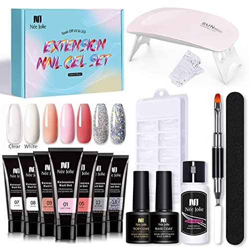 Poly nagelgel startset med UV-lampa poly nagelgelset med 7 färger och baslack & topplack manikyr verktyg nagelförlängningar presentset för kvinnor