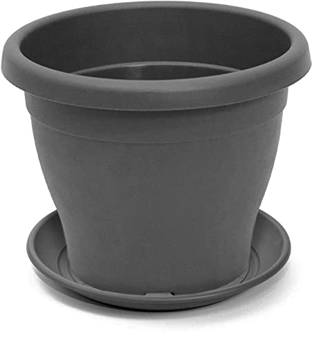 Acan Tradineur Pot de fleurs avec soucoupe de type méditerranéen, diamètre 30 cm, idéal aussi bien pour l'intérieur que pour l'extérieur, jardinière haute avec trous pour drainer l'eau, couleur grise