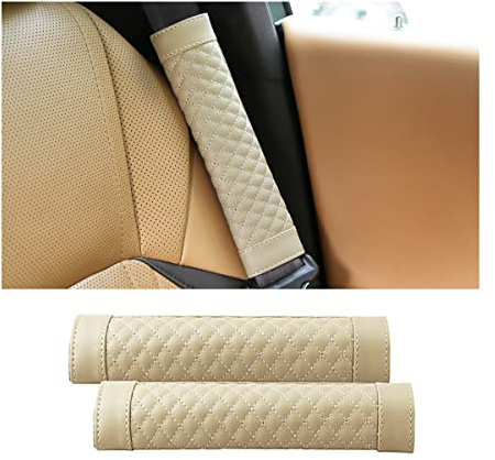 CGEAMDY 2 Pieces Voiture Protege Ceinture de Securit Coussin, Coussin Ceinture de Securite Auto Confort Pads, Cuir PU Epaulieres De Ceinture De Securite, pour Proteger Cou/Epaules (Beige)