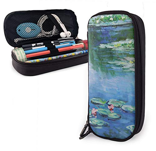 Leather Pencil Case Water Lilies Monet Painting Pencil Case with Zipper Large Capacity Pen Case Funny Desk Organizer for College Student Boys