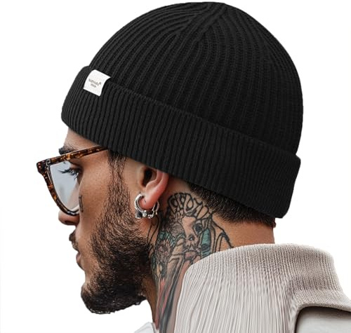 Clakllie Unisex kort stickad mössa merino beanie-mössa, vinter varm vintermössa, termomössor, stretchig, klassisk mjuk ullmössa med manschetter och tjock vindtät, andas, dödskallemössa, HKN01-svart,