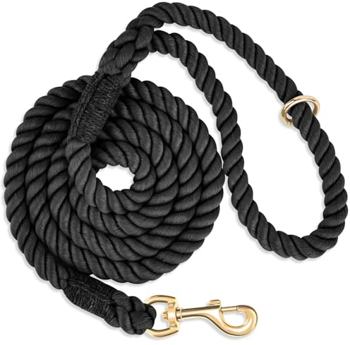 NUGUTIC Laisse pour chien en corde de coton tressé à la main pour chiens de petite, moyenne et grande taille, fermoir en métal doré robuste, noir, 1,5 m