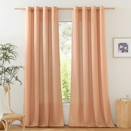 PONY DANCE Leinen Vorhang Wohnzimmer Gardinen Halbtransparent Landhaus | Ziegelrot,2er Set,H245 x B140 cm,Boho Gardinen Leinenoptik mit Ösen,Leinenvorhang Vintage Schlafzimmer,Linen Curtains