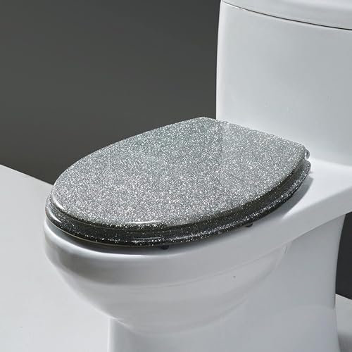 WC Sitz Glitzer Toilettensitz Aus Kunstharz, Toilettendeckel Mit Absenkautomatik, Universal Toilettensitz 42 X 36 Cm, Einfache Montage WC Deckel Klobrille (Silver Silber)