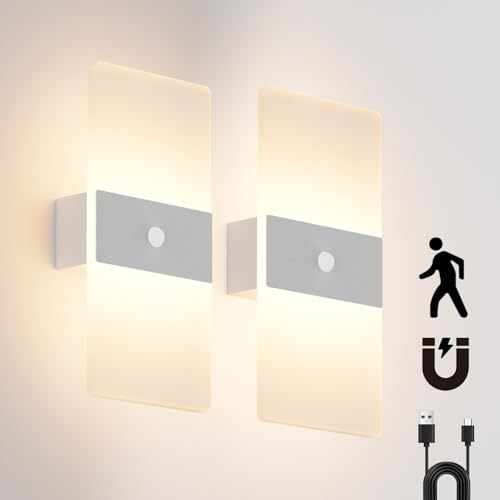 Coinmit 2 Stück Wandleuchte mit Bewegungssensor, 3000K, 4000mAh Akku Wandleuchte, Acryl Innenwandleuchte mit USB-Kabel, aufladbare Wandlampe für Flure und mehr. (Silber)