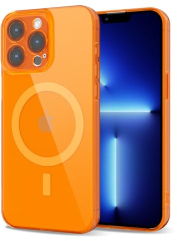 Svanove für iPhone 13 Pro Max Hülle Magsafe Durchsichtig mit Kameraschutz, Dünn Transparent Bunt Handyhülle Magnetisch Induktives Laden, Einfarbig Klar Slim Silikon Handy Hülle Mädchen, Neon Orange
