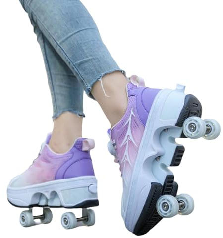 Wttagkl® Roller skridskor rullskridskor skor skor med hjul skateboardskor, inline-skridskor, justerbara damskor med hjul för flickor, löpning skateboard, inline rullskor, D rosa lila – 37 EU