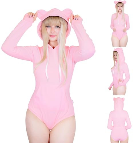 LittleForBig bomull sparkdräkt onesie pyjamas huvtröja bodysuit – mysig björn huvtröja sweatshirt onesie, Rosa, 3XL