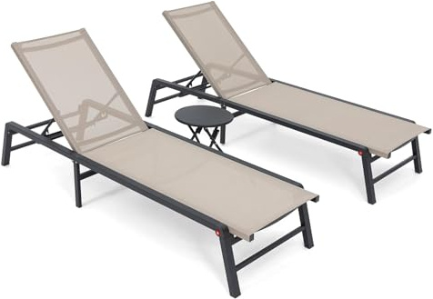 FHVIT Chaiselongue-Sessel für den Außenbereich, Aluminium, Terrassen-Lounge-Sessel, 2 Sets mit 1 Tisch, 5 verstellbare Positionen