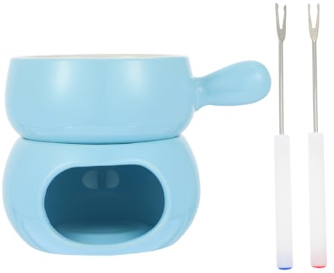 COLLBATH 1juego Fondue De Cerámica para Chocolate y Queso Tenedores para Fiestas y Reuniones Diseño Ergonómico Incluye Base Azul y Olla De Mango para Dulces y Aperitivos