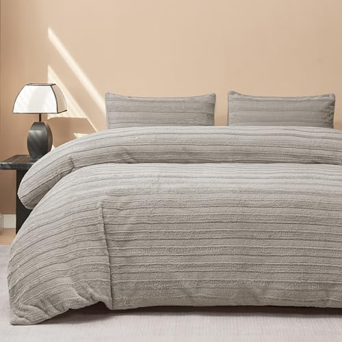 JELLYMONI Plush Duvet Cover Set - Queen Size Light Gray Striped Fuzzy Comforter Cover 3pcs Bedding Set Luxury Ultra Soft Faux Fur Duvet Cover & 2 Pillowcases (NO Comforter)