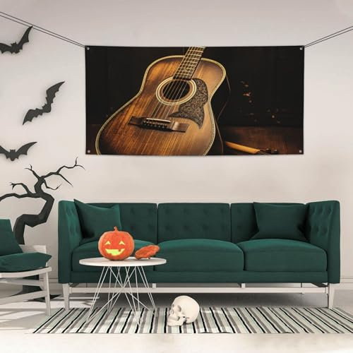 Feiertagsbanner, personalisierte Banner, Party-Hintergründe, alte West-Gitarre, Wandbehang, Flaggen, Geburtstagsbanner, großes Partybanner mit 4 Löchern, Weihnachtsbanner für drinnen und draußen,