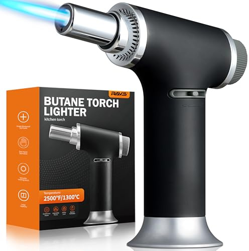 RAVS Butane Torch Lighter, Creme Brulee Torch with Large Capacity, Culinary Torch with Adjustable Flame and Safety Lock, Professional Kitchen Torch for Baking, Cooking Torch Butane Fuel Not Included