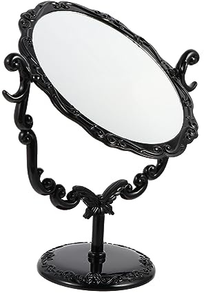 LALADEFIEE Drehbarer Retro Kosmetikspiegel für Schreibtisch Schwarz | Stabile Basis, Kunststoff und Glas, Kompakt für Damen Am Tisch, Vintage Stil