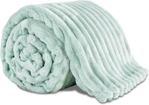 Lions Chunky Ribbed Throw Blanket - Faux Fur Thermal Warm & Cosy Fluffy Throws For Sofa Large Bed Couch, King Size 200x240cm - Soft and Comfortable - Duck Egg