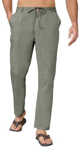 Yutdeng Pantalone Lino Uomo Estivo e Cotone Pantaloni Larghi Lunghi Pantaloni Casual Leggeri con Coulisse Cerniera Tasche Pantalone Tuta Uomo da Yoga Spiaggia