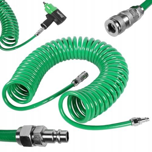 TOPTUL KHLC0815E Druckluftschlauch 15 m, verstärkter und armierter Spiralschlauch für Druckluft 8 × 12 mm, PU-Pneumatikschlauch mit Schnellkupplung, Kompressorschlauch, 13,8 bar, grün