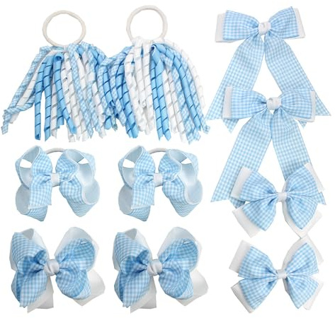 Umibow 10 st Gingham skolhåraccessoarer set uniform hårrosett klämmor tillbaka till skolan rutiga hårband gingham lockigt hår rosetter rosett hårspännen hästsvans hållare för flickor (ljusblå)