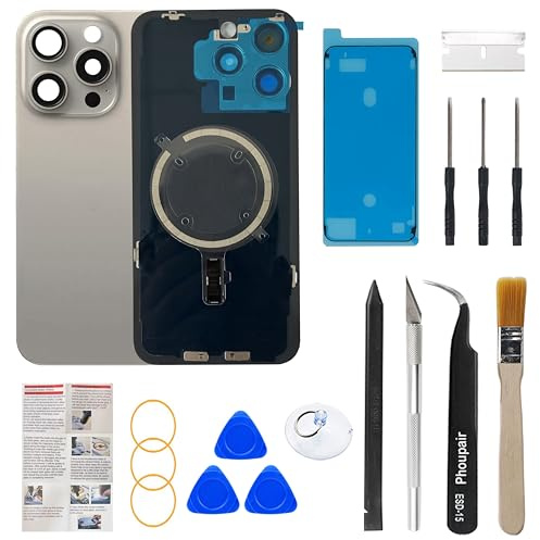 Phoupair OEM Back Glass Replacement Compatible with iPhone 15 pro max 6.7 Inches with Camera Frame and Camera Lens + Professional Repair Tool Kit and Installation Instruction (Natural Titanium)