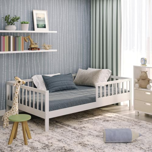 CADANI NIK Kinderbett 120x200 cm Weiß Abnehmbarer Rausfallschutz bis 200 kg | 3 Aufbauvarianten Premium Roll-Lattenrost bis 200 kg flexibel als Juniorbett oder gemütliches Schlaf- und Spielsofa nutzbar